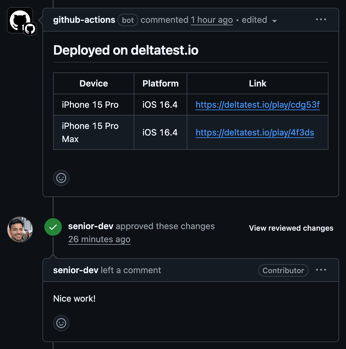 GitHub deployment comment showing automated DeltaTest preview links for iPhone devices